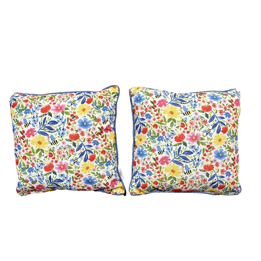 Pr Lillian August Bright Floral Bee Blue Stripe Outdoor Pillows 17 x 17 NWOT